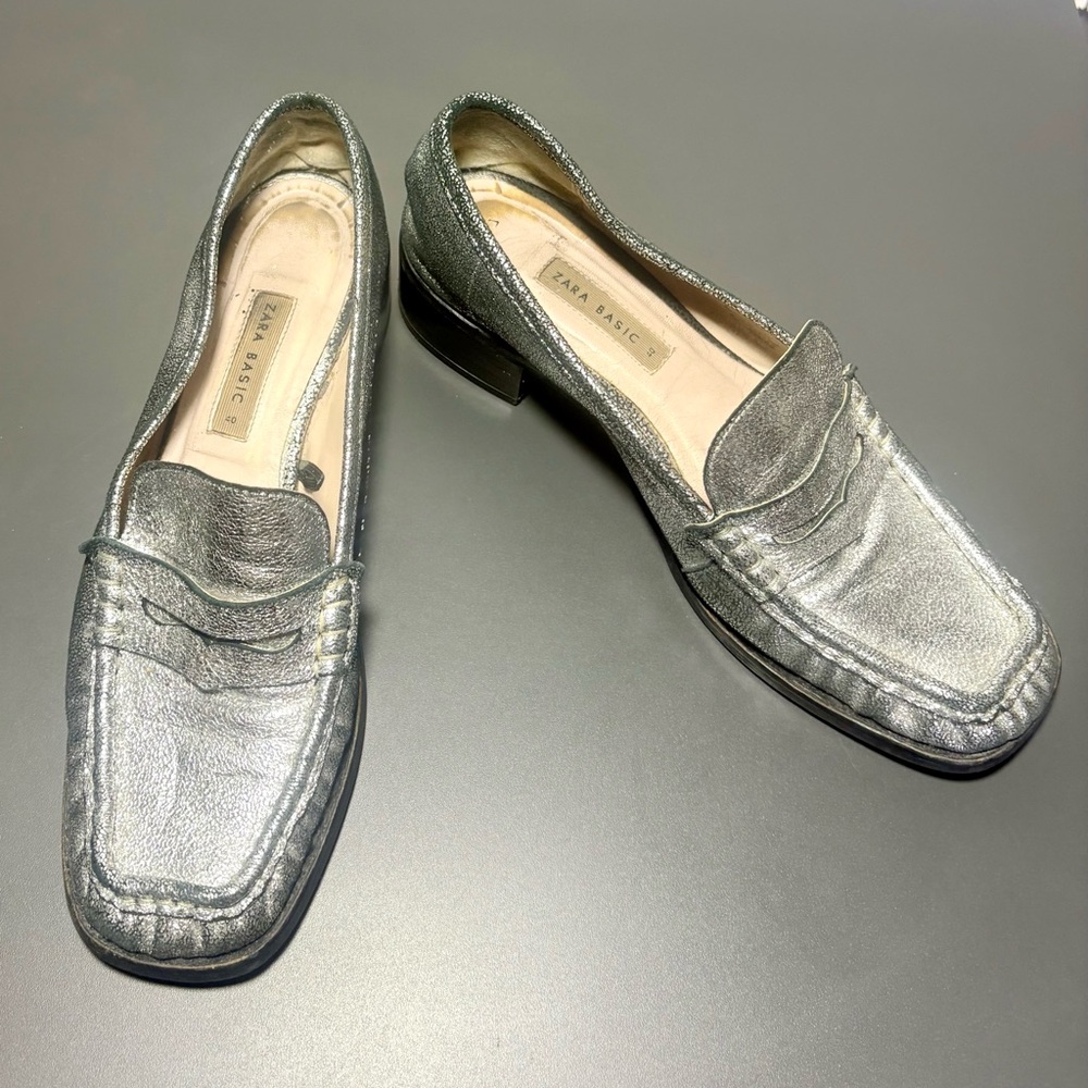 ZARA Shimmery Silver Leather Square Toe Loafers - Picture 5 of 9